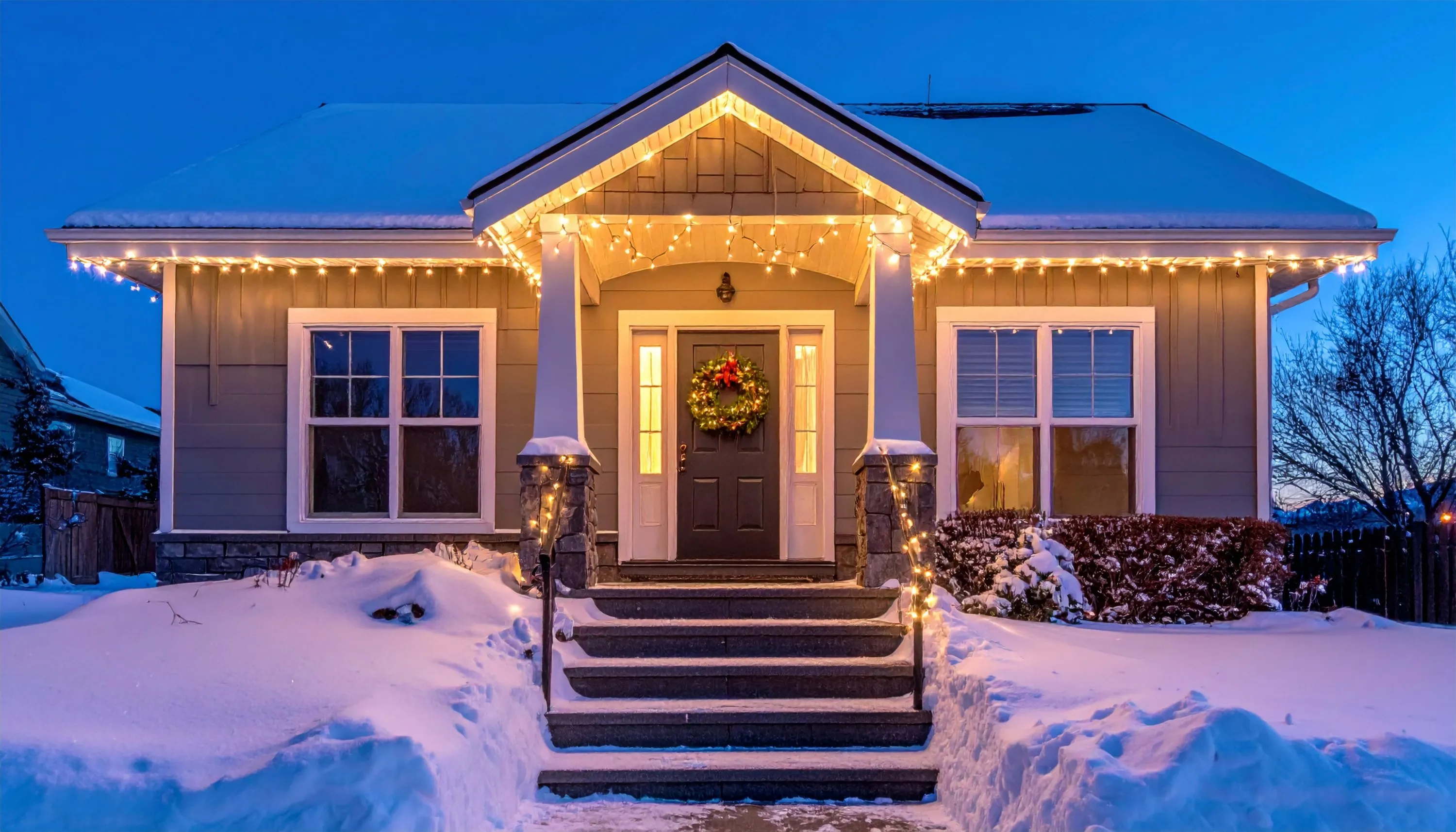 A house in the snow with warm white Christmas lights along the roofline and porch, and a wreath on the front door
