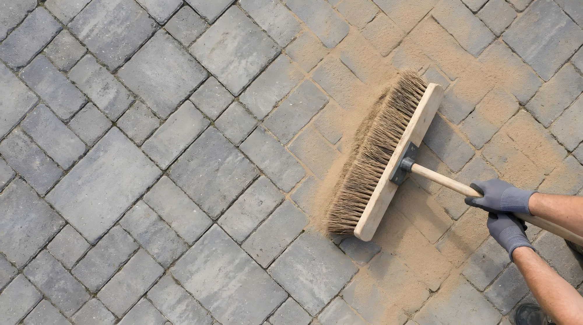 Sweeping joint sand into the gaps of a paver patio